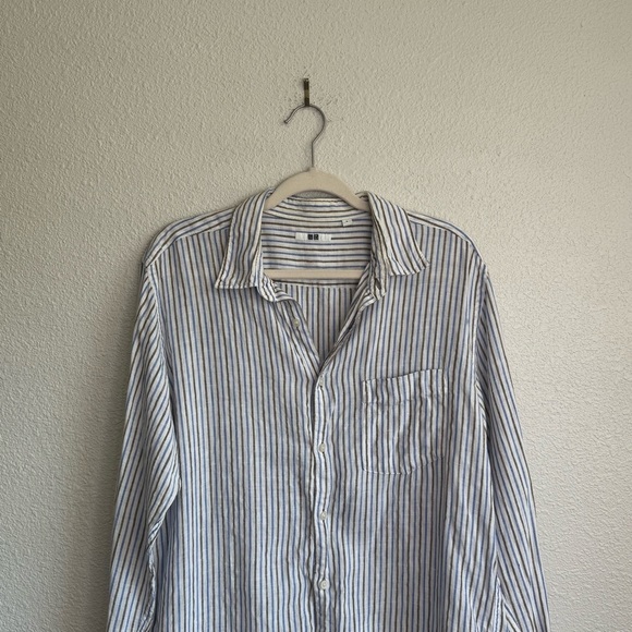 Uniqlo Shirt Men's‎ Large Button Up 100% Linen Blue Long Sleeve Striped Boho - Picture 2 of 10